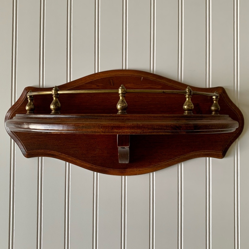 Vintage Wooden Wall Shelf with Brass Coated Gallery Rail